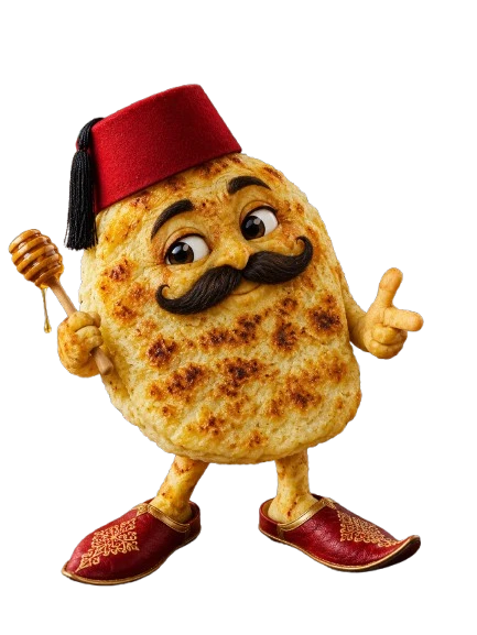 Mascotte msemen avec un fez et une moustache, un pot de miel à la main
